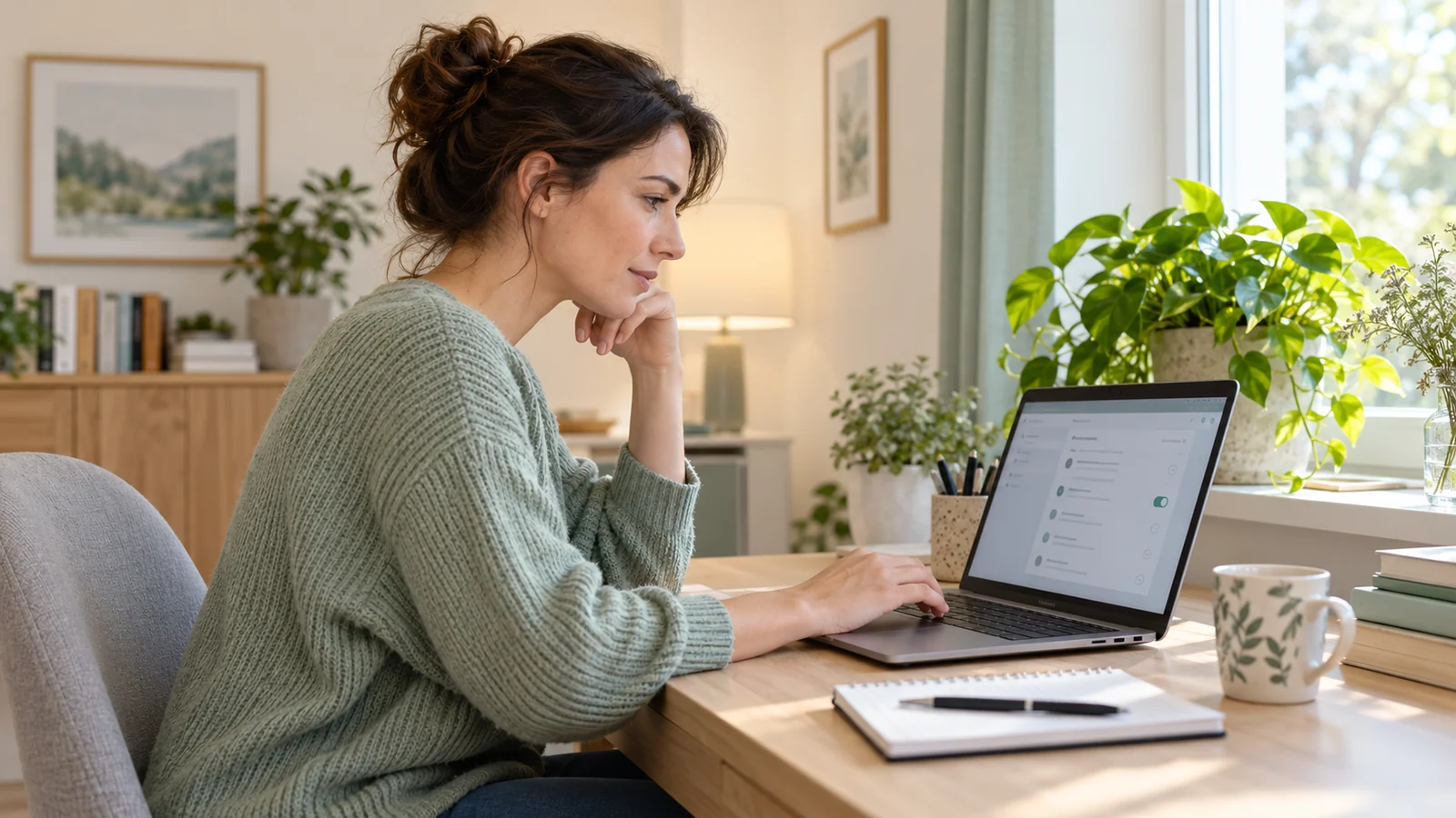 Laptopot használó felnőtt egy világos, növényekkel berendezett munkasarokban.