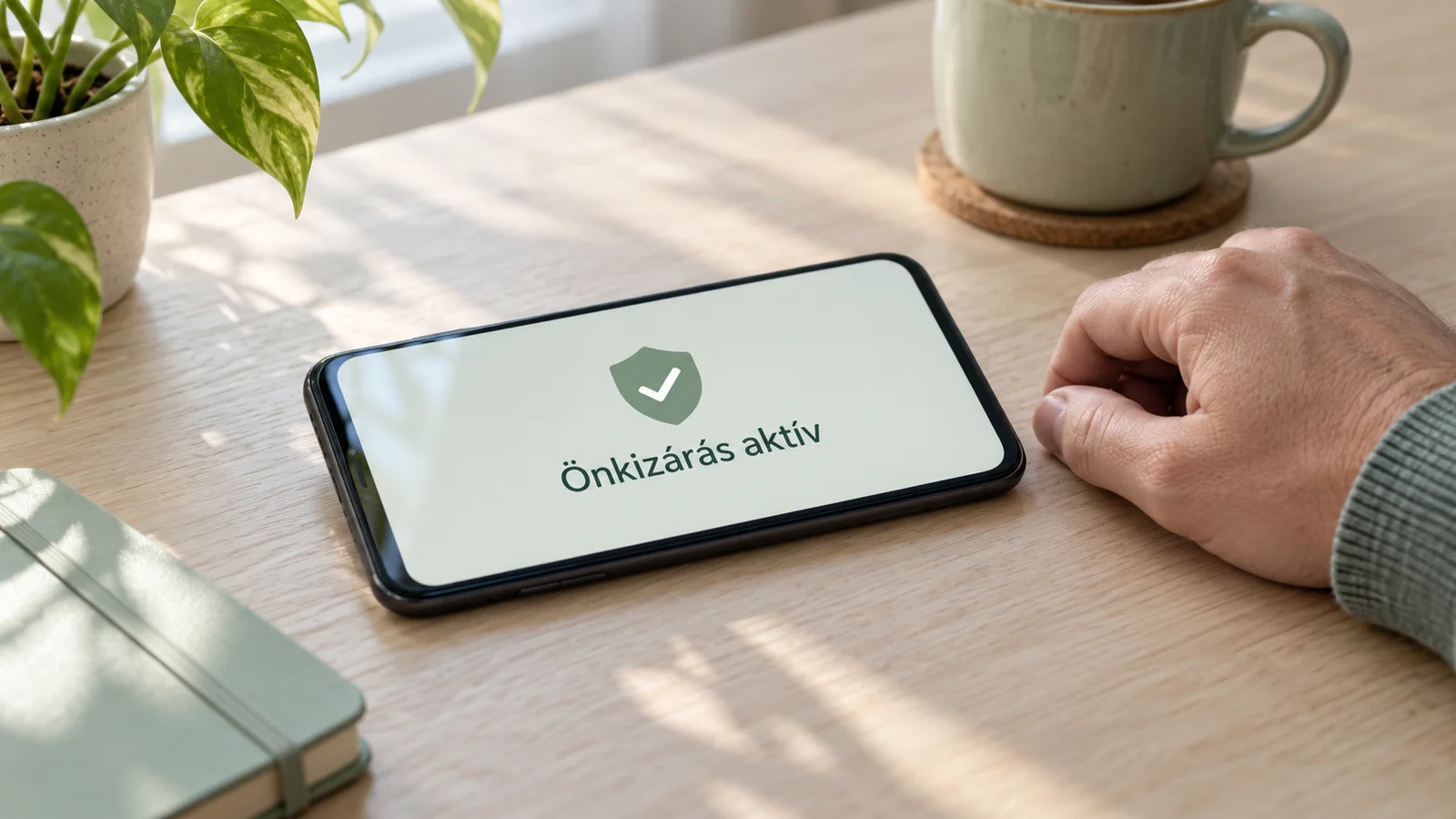 Aktív önkizárást jelző képernyő egy asztalon fekvő telefonon.