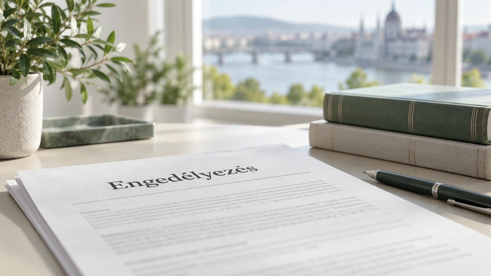 Engedélyezési dokumentum, szakkönyvek és toll egy íróasztalon.