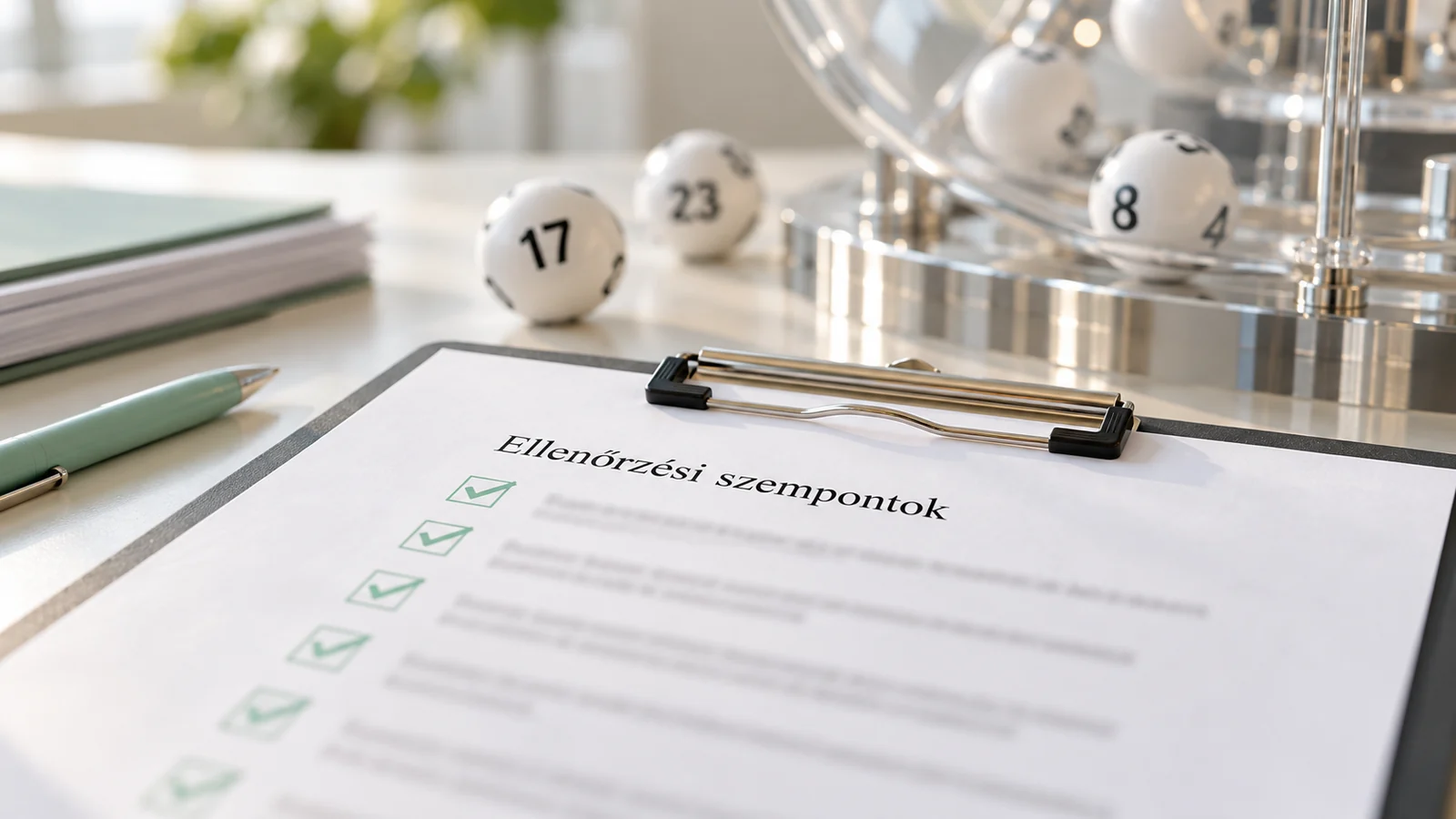 Ellenőrzési jegyzék egy sorsológép részlete mellett.