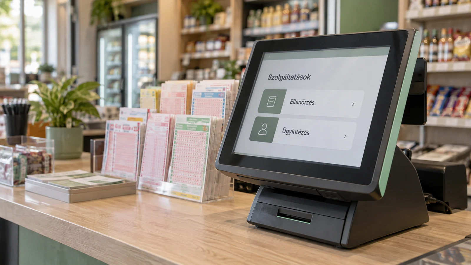 Digitális lottóterminál egy európai üzlet pultján.
