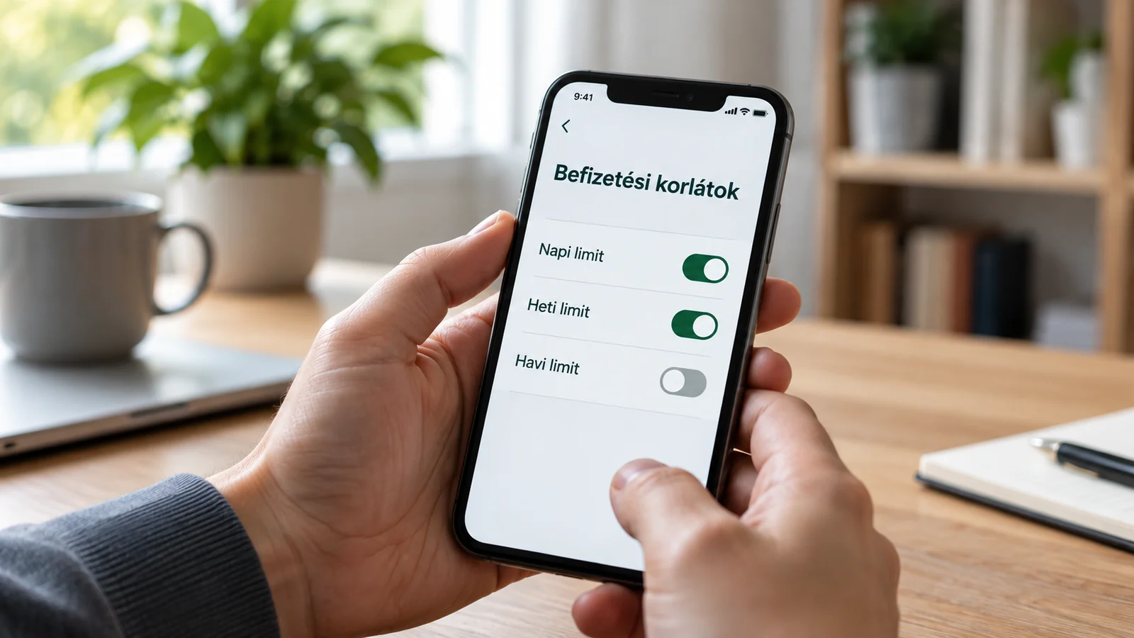 Befizetési korlátokat megjelenítő telefon egy világos szobában.
