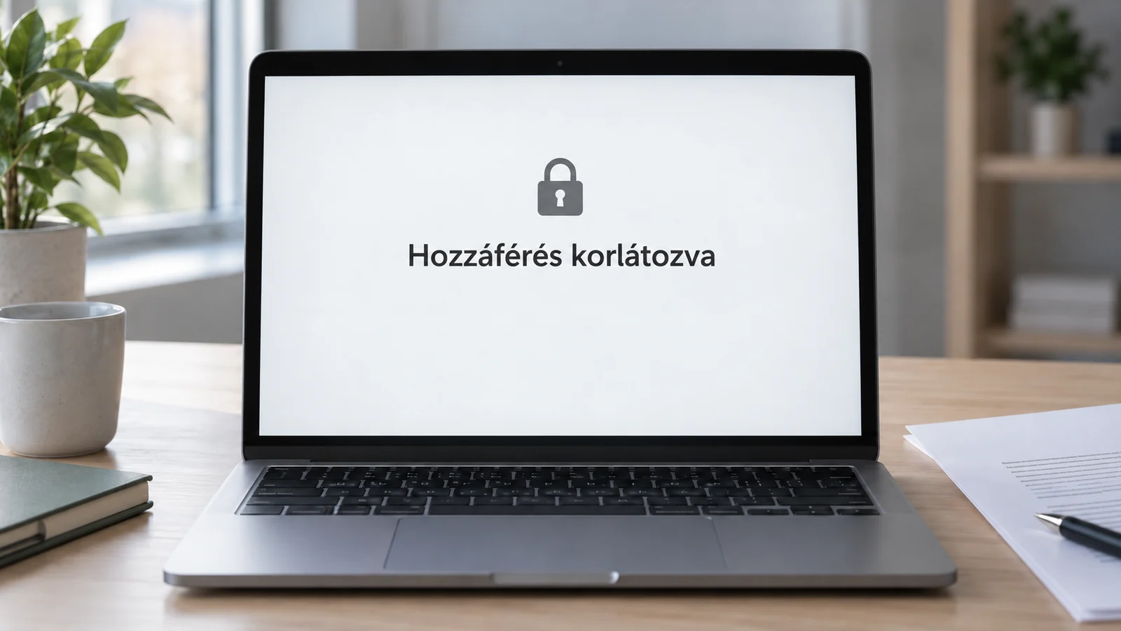 Hozzáférési korlátozást jelző laptopképernyő egy irodában.